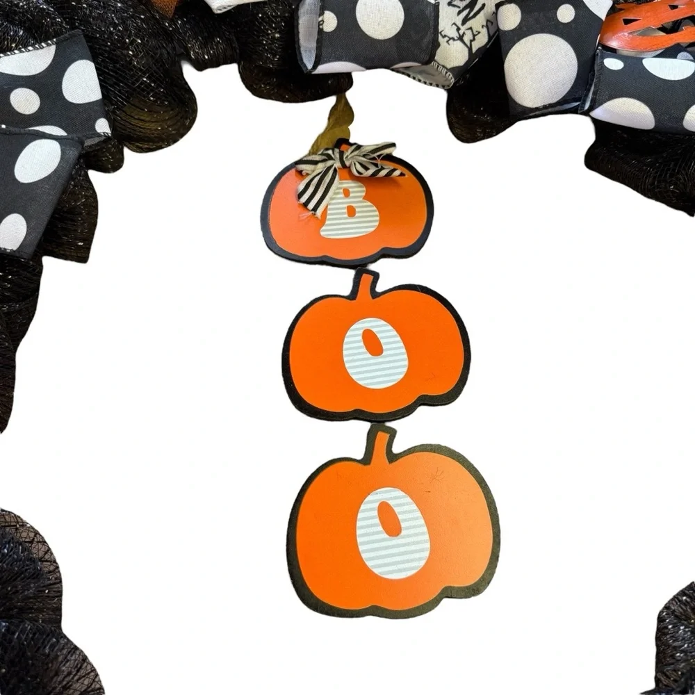 Black Glitter Mesh Halloween Wreath with Orange Flowers Haunted House Ribbon 25